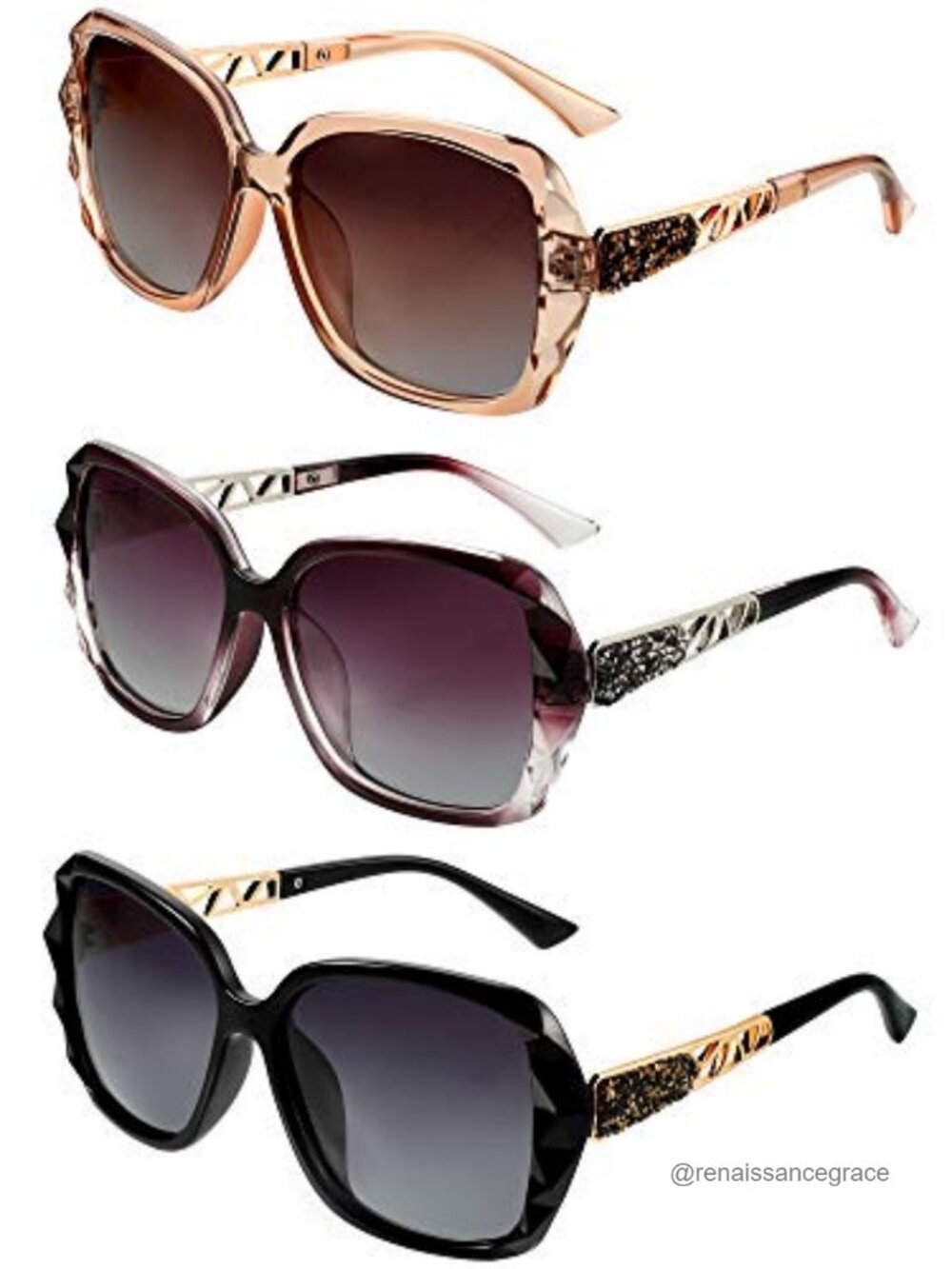 3 Pack Oversized Rhinestone Sunglasses for Women